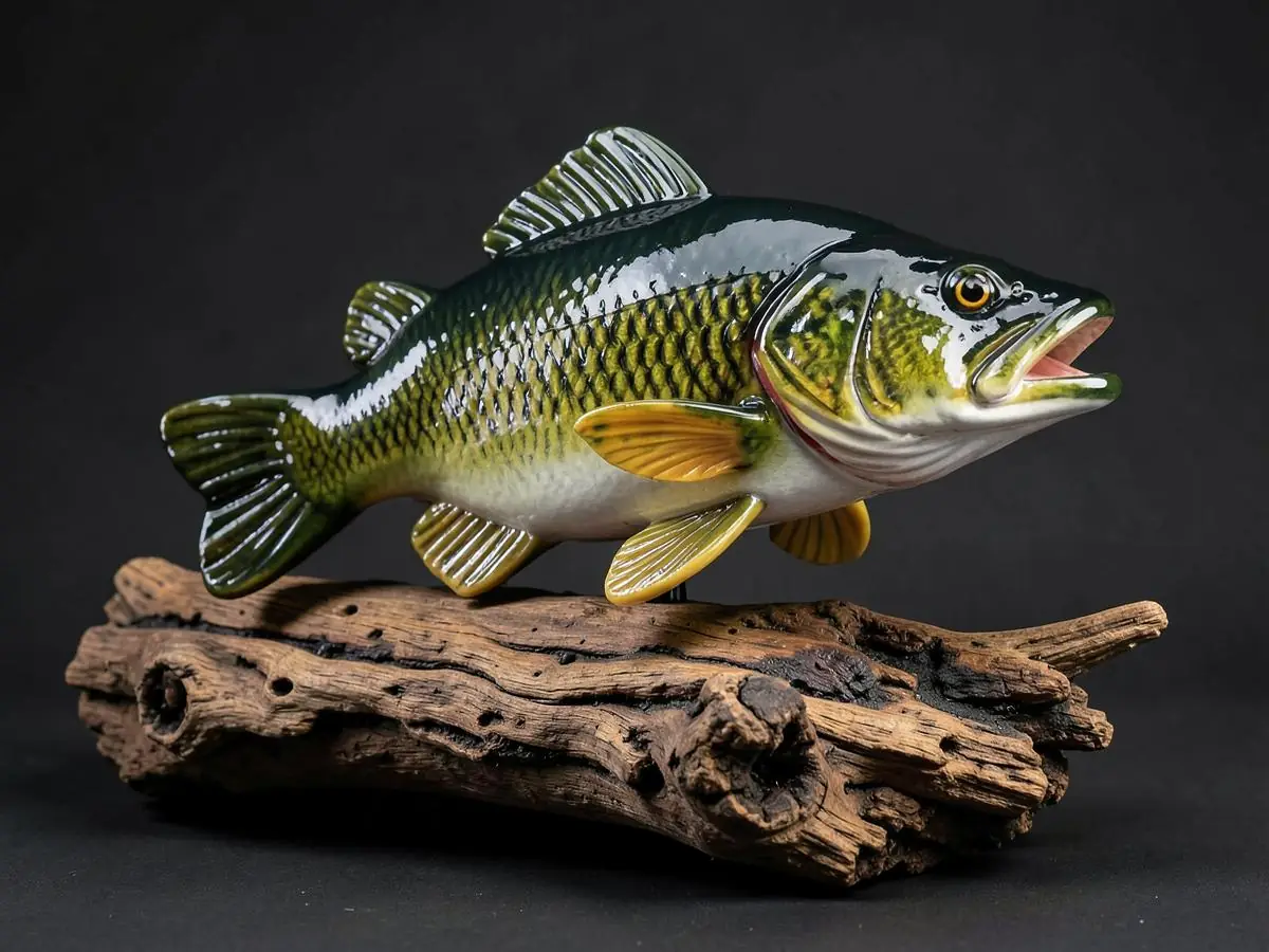 Largemouth bass mount with hand-painted finish on a driftwood base