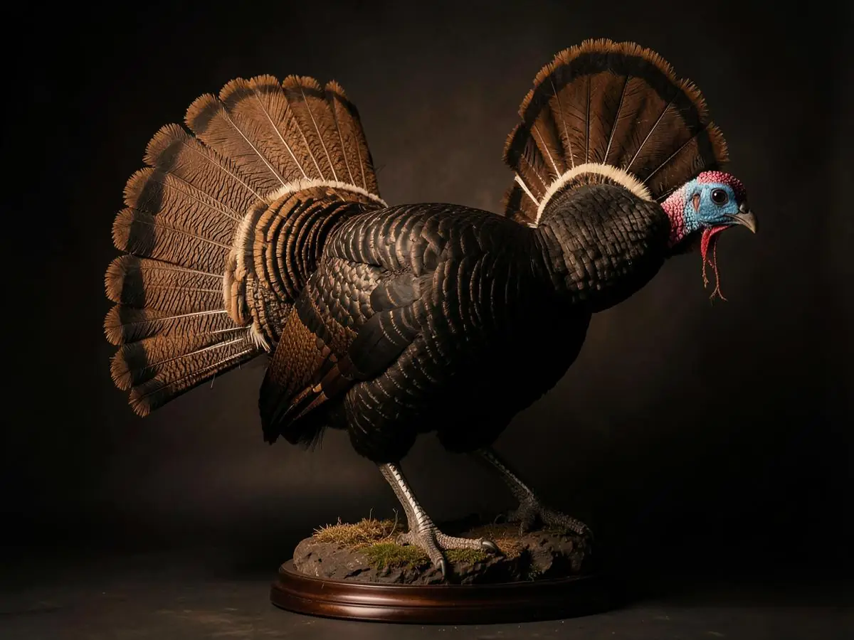 Full strut wild turkey mount with fanned tail on a habitat base