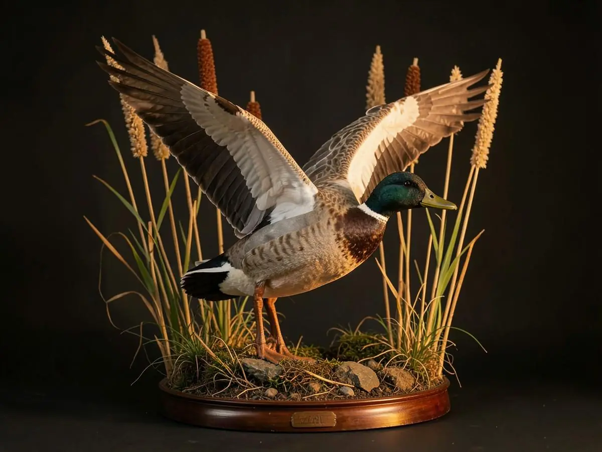Mallard drake mount in a landing pose on a marsh grass habitat base