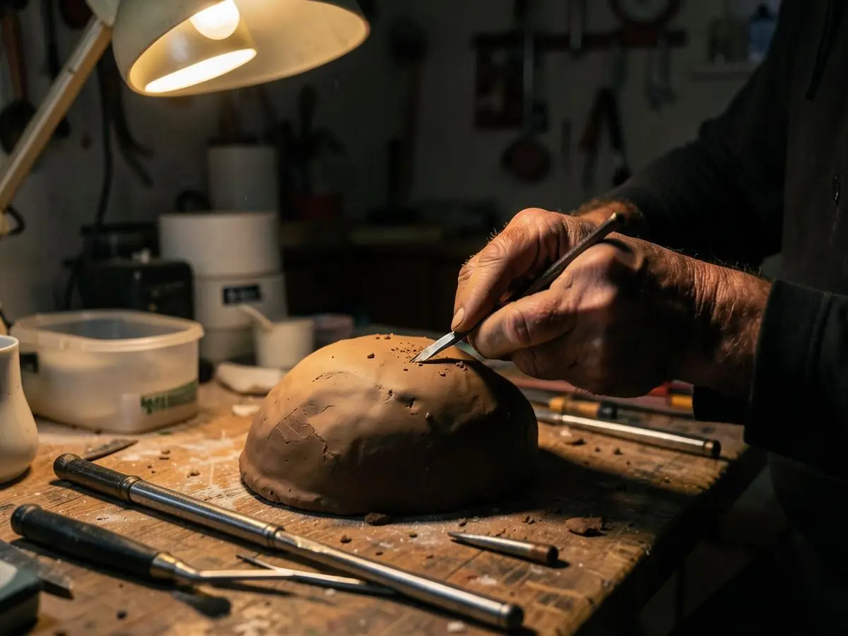 Taxidermist shaping a clay form with hand tools at a workbench